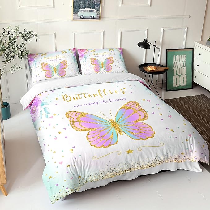 CVHOUSE Butterfly Duvet Cover Set Queen Size,Butterfly Bedding Set,Butterflies Printed Comforter Cover Set for Girls Kids Teens,1 Quilt Cover 2 Pillowcases 3 Piece