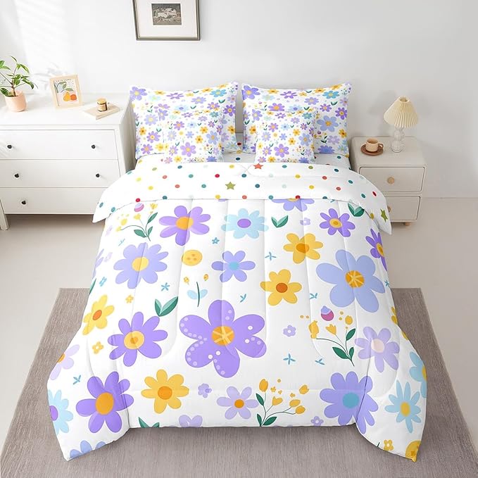 Feelyou Cute Flower 7 Piece Bedding Set Full Size Kids Cartoon Cute Floral Bed in a Bag for Girls Teens Purple Yellow Comforter Set with Sheets Kawaii Bed Set