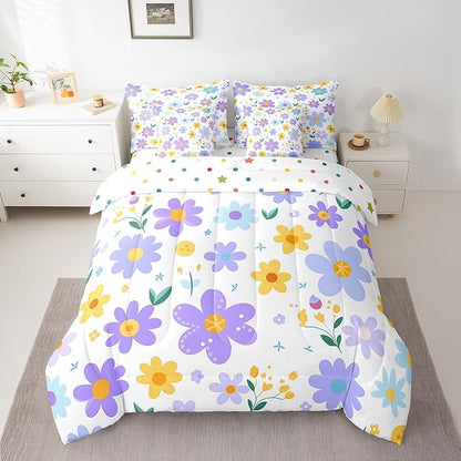 Feelyou Cute Flower 7 Piece Bedding Set Twin Size Kids Cartoon Cute Floral Bed in a Bag for Girls Teens Purple Yellow Comforter Set with Sheets Kawaii Bed Set