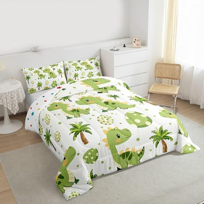 jejeloiu Cute Dinosaur Comforter Set All Season Cartoon Green Dinosaur Bedding Set with 1 Pillow Cases Animal Egg Microfiber Kids Twin Bedclothes Coconut Tree Bedroom Decor Duvet Quilt Soft