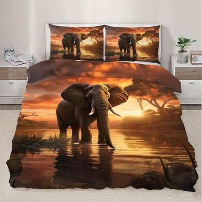 Elephant Duvet Cover King Size, African Wildlife Bedding Set 3 Piece Bedroom Decor Sunset Lake Elephant Comforter Cover with Zipper Ties & 2 Pillowcases