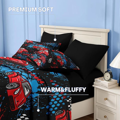 Nesker 7 Pcs Comforter Set Queen Size, Red Black Sports Car Bedding for Kids Teen, Auto Race with Fitted Sheet 2 Pillowcases & 2 Shams for Bedroom Bed Decor