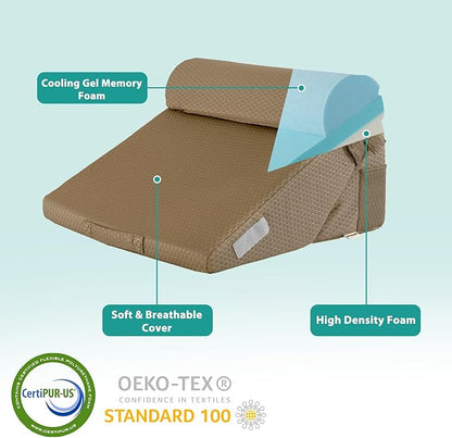 Bedluxe 3Pcs Orthopedic Bed Wedge Pillow Set, Foam Wedge Pillow Post Surgery for Back, Leg and Knee Support, Adjustable 9&12 Inch Folding Triangle Pillow for Sleeping, Acid Reflux, Snoring, Brown
