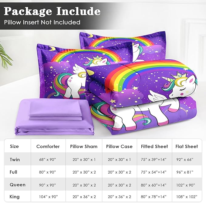 Queen Size Comforter Set with 2 Pillowcases & 2 Shams, Cute Unicorn Purple Space 7 Pcs Bedding for Kids and Teens, Animal Rainbow Horse Bed in a Bag with Flat Fitted Sheet