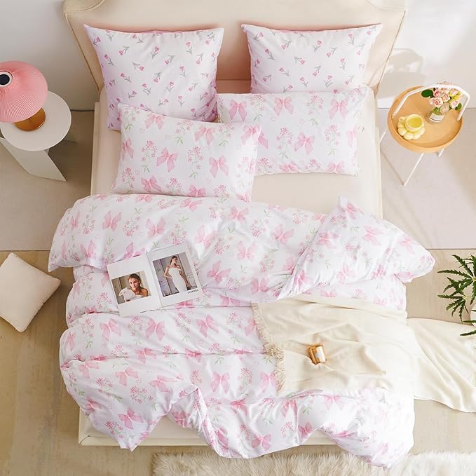 Duvet Cover Twin 2Pcs Pink Floral Bow Bedding Set for Girls Kids, Romantic Princess Style Bowknot Bedding, Ultra Soft Reversible Garden Flower Duvet Cover Set(1 Pillowcase,No Comforter)
