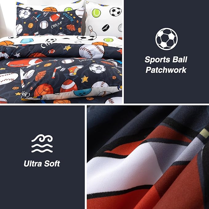 A Nice Night Boys Rugby Balls Comforter Set 6-Piece Bed-in-a-Bag with Sheet Set, Twin Size Polyester Bedding Collections for Kids, Durable & Easy Care, Sports Theme Design for Boys Bedroom