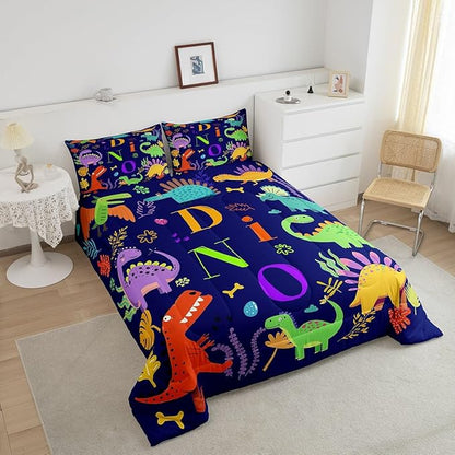 Dinosaur Duvet Cover Set King,Jungle Animals Bedding Sets for Kids Boys Girls Teens Adult Bedroom Decor,Wildlife Dino Comforter Cover Colorful Cartoon Dinosaur Quilt Cover,2 Pillowcases