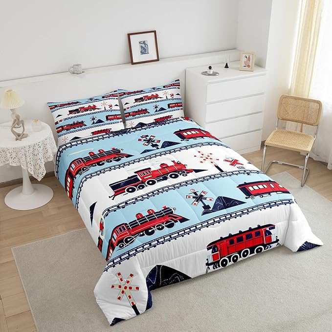 Erosebridal Red White and Blue Train Comforter Set Cartoon Train Railroad Tracks Kids Bedding Traffic Transportation Track Bedding Comforters & Sets Cute Retro Vintage Vehicle Quilt Full 3Pcs