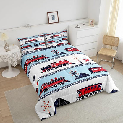 Erosebridal Red White and Blue Train Comforter Set Cartoon Train Railroad Tracks Kids Bedding Traffic Transportation Track Bedding Comforters & Sets Cute Retro Vintage Vehicle Quilt Full 3Pcs