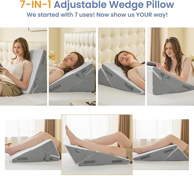 Sasttie Wedge Pillow for After Surgery, Adjustable Bed Wedge Pillow Headboard for Acid Reflux, Sleeping, Neck & Back Support, with Removable Cover, Dark Grey & White