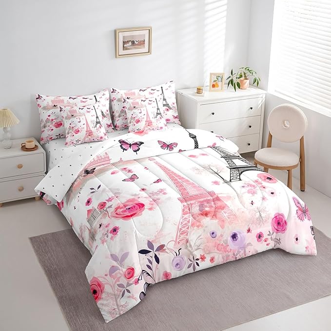 Feelyou Eiffel Tower Comforter Set with Sheets King Size Paris 7 Piece Bedding Set for Adult Boys Girls Teens Pink Flower and Butterfly Bed in a Bag Romantic Art Bed Set