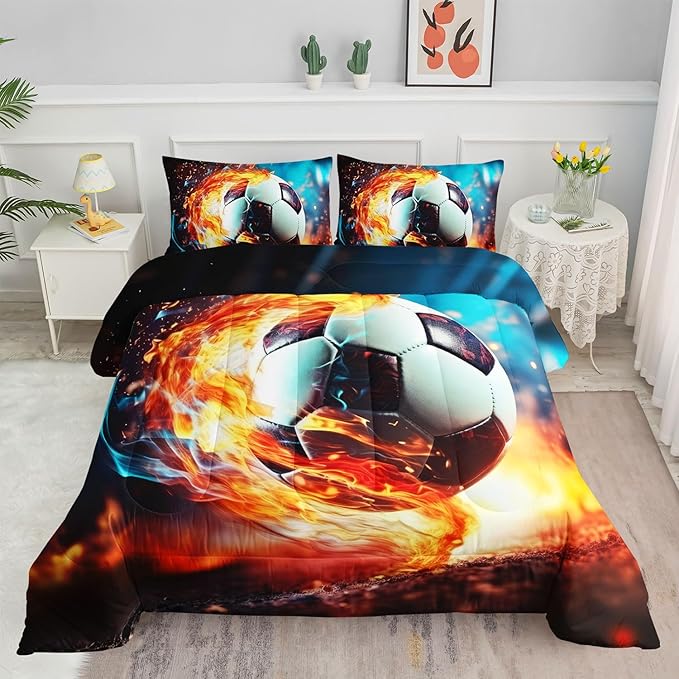 Kids Comforter Set Colorful Flame Soccer Printed Pattern Bedding Set with 1 Comforter and 2 Pillowcases for Girls Boys Bedroom All Season(B-Colorful Flame Soccer Full)