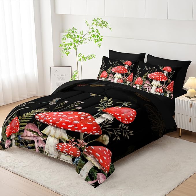 Red Mushroom Kawaii Comforter Set 7Pcs Kids Mushroom Dragonfly Bedding Set for Boy Girl Adult Botanical Plant Theme Printed Quilt Bed Set Twin with 2 Sheets,2 Pillowcases,2 Throw Pillow Covers