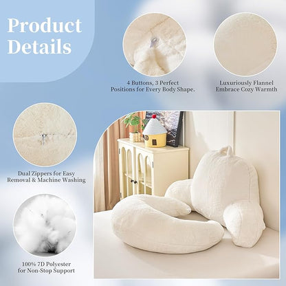 Reading Pillow for Bed,U Shaped & Back Support Pillow for Bed,17" Backrest with Lumbar & Arm Support,Luxurious Faux Rabbit Fur,Gaming PillowFor Crochet/Reading/Watching TV,White