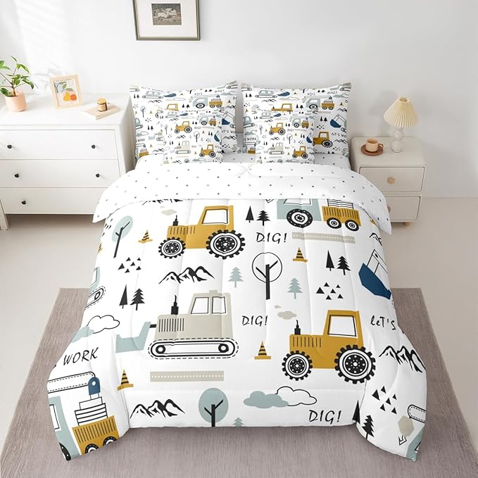 Feelyou Cartoon Car Kids Comforter Set with Sheets 7 Piece Queen Size Construction Bedding Set Boys Decor Equipment Trucks Bed in a Bag Excavator Tractor White Yellow Bed Set Bedroom