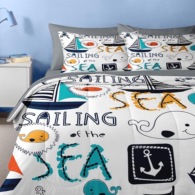 Nesker 7 Pcs Comforter Set Queen Size, Cute Nautical Sailboat Boat Bedding for Kids Teen, Sea Whale with Fitted Sheet 2 Pillowcases & 2 Shams for Bedroom Bed Decor