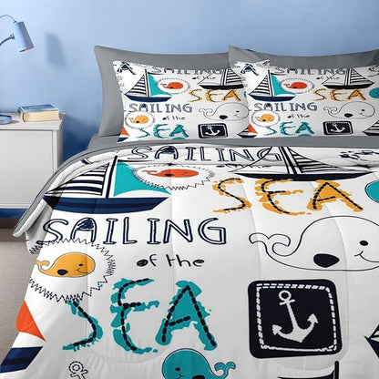Nesker 7 Pcs Comforter Set Full Size, Cute Nautical Sailboat Boat Bedding for Kids Teen, Sea Whale with Fitted Sheet 2 Pillowcases & 2 Shams for Bedroom Bed Decor