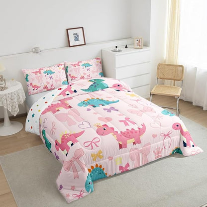 Cute Dino Kids Bedding Sets Kawaii Bowknot Heart Princess Style Reversible Comforter for Boys Pink Dinosaur Bow Tie Cartoon Animal Quilt Set Soft Duvet Insert,1 Pillowcase Toddler Size