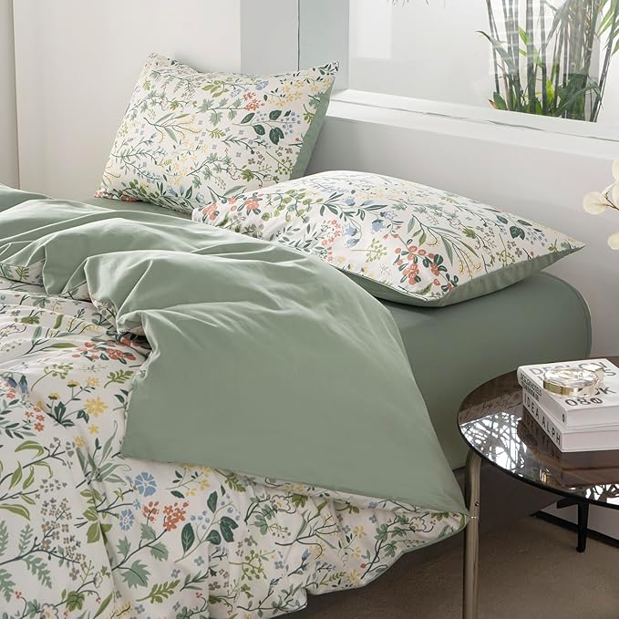 Queen Duvet Cover Set Floral 100% Soft Cotton 3 Pieces Flower Bedding Set for Girls Fresh Chic Garden Style Green Botanical Floral Pattern Printed Flower Queen Duvet Cover, with Zipper Closure
