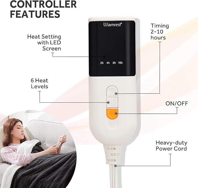 Heated Blanket Electric Throw Soft Flannel Sherpa, 6 Heat Levels Fast Heating, 2 to 10 Hours Auto-Off Detachable Controller Machine Washable, Grey 50"x60"