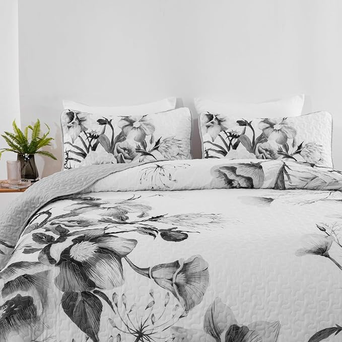Floral Quilt Set California King 3 Pieces Grey Floral Quilt Coverlet Set Soft Microfiber Lightweight Purple Quilted Bedspread for All Season 106"x96"