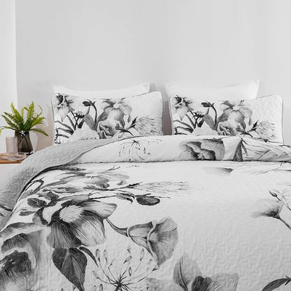 Floral Quilt Set King 3 Pieces Grey Floral Quilt Coverlet Set Soft Microfiber Lightweight White Quilted Bedspread for All Season 104"x90"