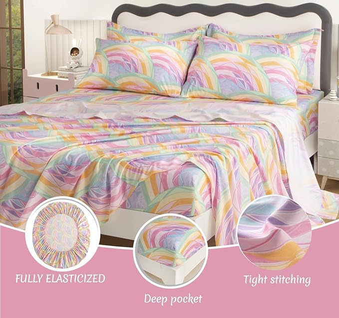SDY 7PCS Rainbow Bedding Set Queen Bed in A Bag Set 7 Piece Mermaid Bedding for Kids,Boys and Girls with Rainbow Comforter Queen and Mermaid Sheets
