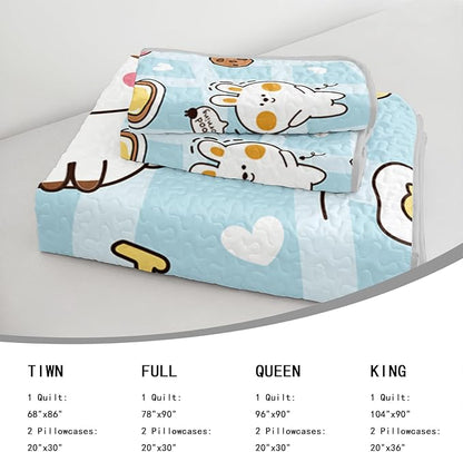 AILONEN Cartoon Cat Quilt Set Queen Size Cute Pet Cat Animal Theme Bedspread Coverlet for Kids Girls Boys,1 Quilt with 2 Pillowcases,Bed Cover