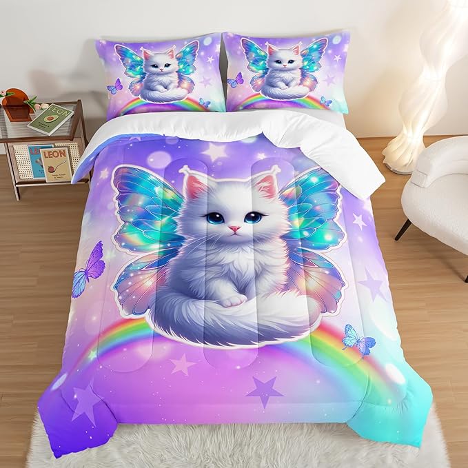 Kids Cartoon Cat Comforter Set King Size,Rainbow Butterfly Bedding Sets for Teens Boys Girls Aesthetic Room Decor,Cute Bedding Set with 2 Pillowcases.