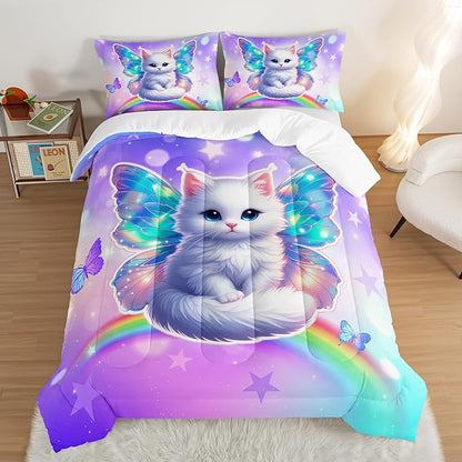 Kids Cartoon Cat Comforter Set Queen Size,Rainbow Butterfly Bedding Sets for Teens Boys Girls Aesthetic Room Decor,Cute Bedding Set with 2 Pillowcases.