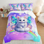 Kids Cartoon Cat Comforter Set Queen Size,Rainbow Butterfly Bedding Sets for Teens Boys Girls Aesthetic Room Decor,Cute Bedding Set with 2 Pillowcases.