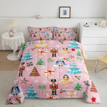 Erosebridal Full Christmas Comforter Set for Kids, Merry Christmas Nutcracker Bedding Set, Pink Reversible Bed Set with 2 Pillowcases