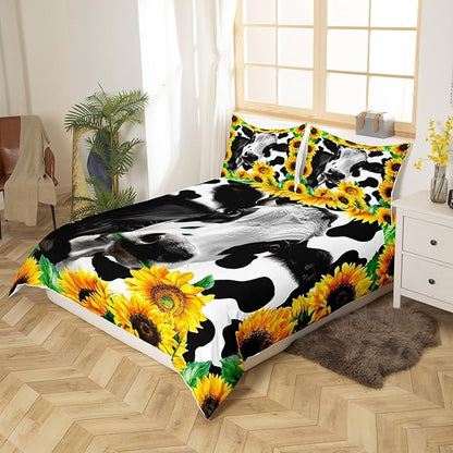 Cow Duvet Cover Set, Milk Cow Print and Yellow Sunflowers Print Comforter Cover for Kids Girls Teens Bedroom Decor, Cute Animal and Floral Theme Bedding Set + 1 Pillowcases, Twin