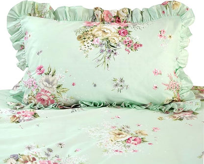 FADFAY Light Robin Egg Blue Duvet Cover Sets Floral Girls Bedding Set 100% Cotton Ruffled Farmhouse Bedding for Women Elegant Garden Style Dorm Bedding (3-Piece, Full Size)