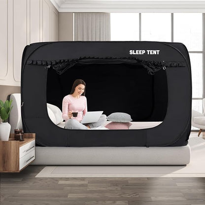 Pop Up Bed Tent 93% Blackout Large Space Portable Indoor Breathable Canopy,Twin Size 2 Doors Sleeping Privacy Tent for Kids and Adult Big Sleeping Cottage