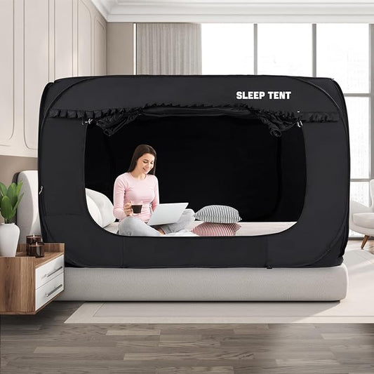 Pop Up Bed Tent 93% Blackout Large Space Portable Indoor Breathable Canopy,Twin Size 2 Doors Sleeping Privacy Tent for Kids and Adult Big Sleeping Cottage