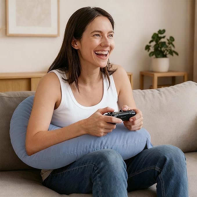 XWZO Reading Pillow for Gaming, Crocheting or Playing with Strong Arm Support, Gaming Pillow for Arm Rest When Sitting in Bed & Sofa, Lap Pillow Swen with Tiebacks and Side Pocket, Blue