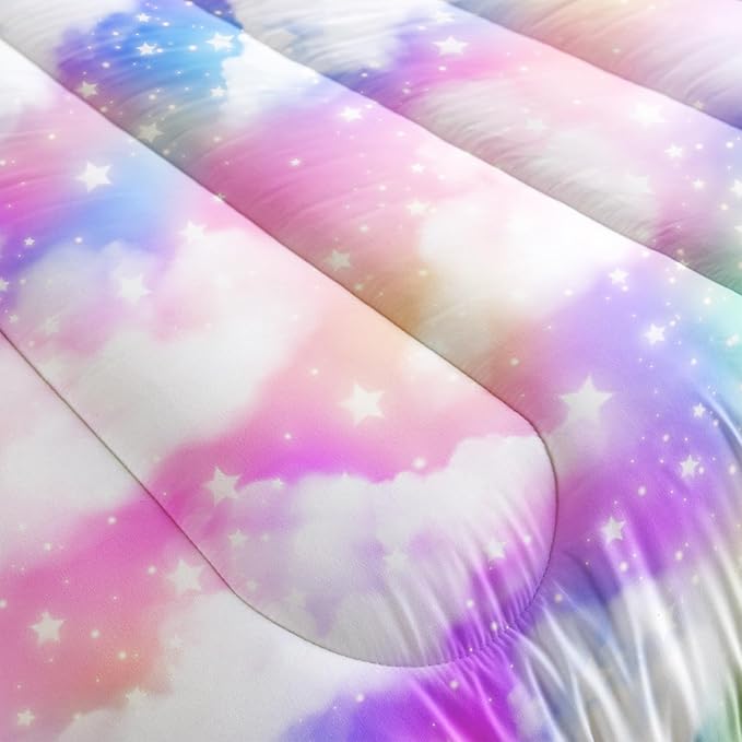 Rainbow Cloud Sky Kids Bedding Set Glitter Golden Stars Comforter 3Pcs Queen Tie Dye Art Quilt Set for Kids Teens Girls Boys Bed Set with 1 Comforter and 2 Pillowcases