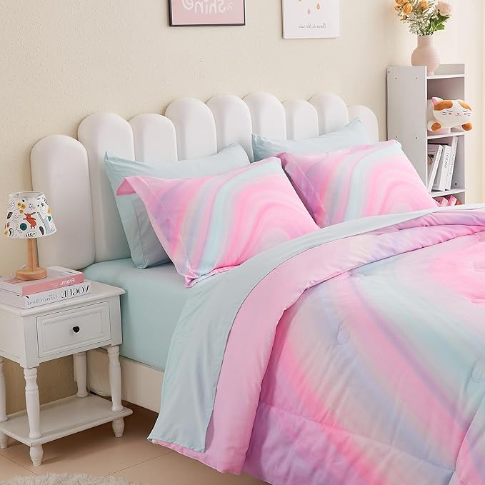 Wajade Girls Pink Comforter Set Bed in A Bag Twin Size 7 Piece 3D Colorful Tie Dye Pink Rainbow Bedding Set for Teens Girls (1 Comforter, 1 Flat Sheet, 1 Fitted Sheet, 2 Pillowcase and 2 Pillow Sham)