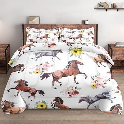 King Size Comforter Set with 2 Pillowcase, Vintage Horse Brown Soft 3 Pcs Bedding for Kids and Adults, Get Watercolor Run Comforter Set for Room Bedroom Bed Decor