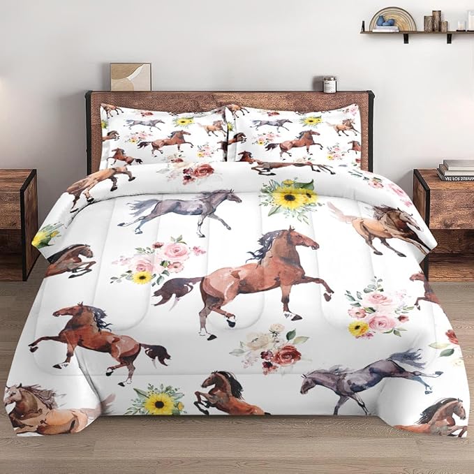 Queen Size Comforter Set with 2 Pillowcase, Vintage Horse Brown Soft 3 Pcs Bedding for Kids and Adults, Get Watercolor Run Comforter Set for Room Bedroom Bed Decor