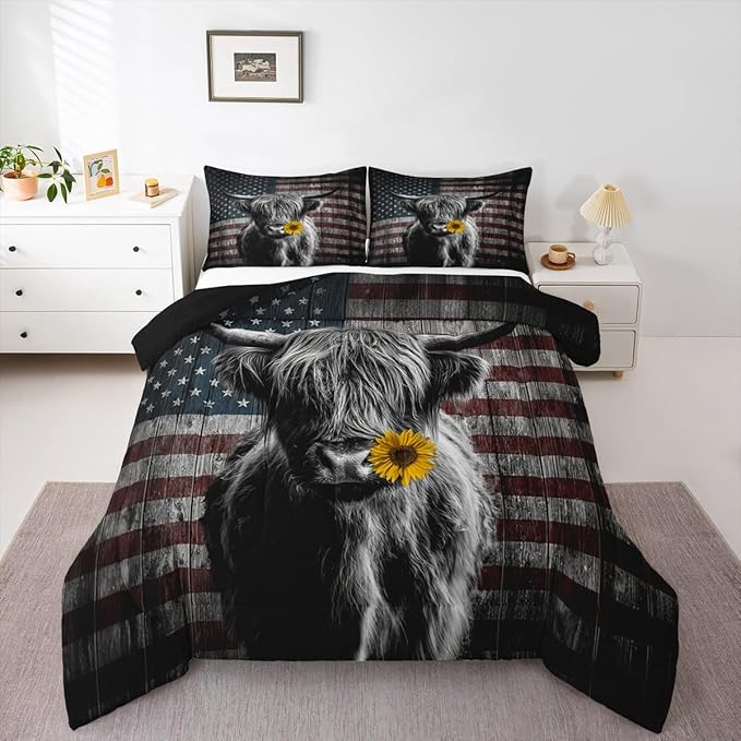 Feelyou Highland Cattle Bedding Set Sunflower Highland Cow Comforter Set for Kids Boys Girls America Flag Bull Comforter Animal Quilt Set 1 Comforter Set with 2 Pillowcases King Size