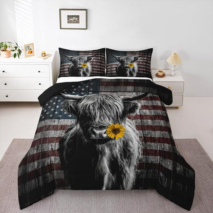 Feelyou Highland Cattle Bedding Set Sunflower Highland Cow Comforter Set for Kids Boys Girls America Flag Bull Comforter Animal Quilt Set 1 Comforter Set with 2 Pillowcases Full Size