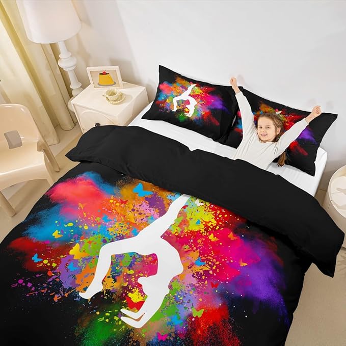 Gymnastics Dance Duvet Cover Twin Size,Rainbow Watercolor Tie Dye Bedding Set for Girls Kids Woman Room Decor,Cheerleading Comforter Cover Yoga Lover Quilt Cover 2pcs with 1 Pillowcase,Black