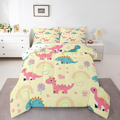 Castle Fairy Kawaii Dino Kids Comforter Set Twin Size,Cute Rainbow Floral Love Heart Reversible Bedding Set for Teens Bedroom,Pink Yellow Dinosaur Lovely Animal Quilted Duvet with 1 Pillowcase