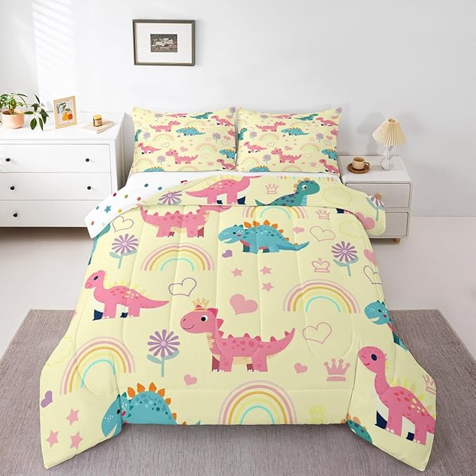 Castle Fairy Kawaii Dino Full Size Comforter Set,Cute Rainbow Floral Love Heart Reversible Bedding Set Bedroom Collection,Pink Yellow Dinosaur Lovely Animal Soft Quilted Duvet for Girls Teens