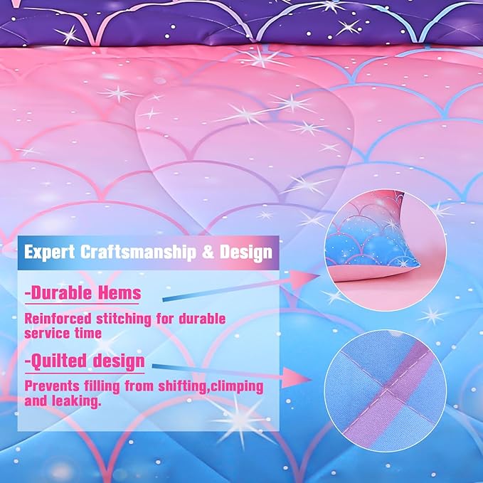 6Pcs Meimaid Scale Comforter Set with Sheets for Teens Girls Kids, Colorful Gradient Glitter Themed Bed in a Bag Twin Size, Pink Blue 3D Sparkly Scale Bedroom Decor Bedding Set
