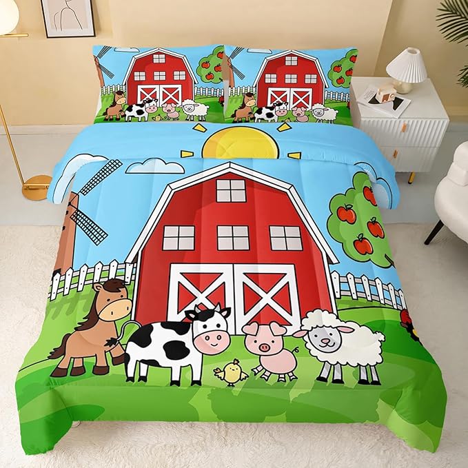 QOOMO Farm Animals Comforter,Farmhouse Comforter Set for Kids Teens Girls Boys,Cartoon Animals 3Pcs Bedding Set Printed Comforter with 2 Pillowcases,Down Alternative,Soft and Lightweight，Twin Size