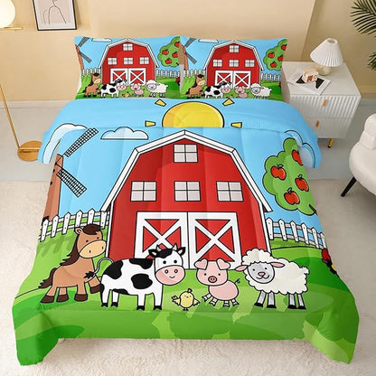 QOOMO Farm Animals Comforter Set for Kids Teens Girls Boys, Cartoon Animals 3Pcs Bedding Set with 2 Pillowcases, Down Alternative, Soft and Lightweight, Full Size