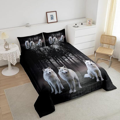 Feelyou Wolf Bedding Set Full Size Safari Animal Pattern Comforter Set for Kids Boys Girls White Wolf Family Comforter Woodland Cool Wildlife Style Decor Quilt Set 3 Pcs